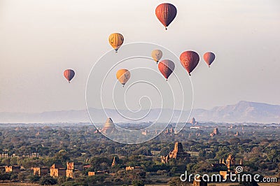 Balloons over Bagan at sunrise Editorial Stock Photo